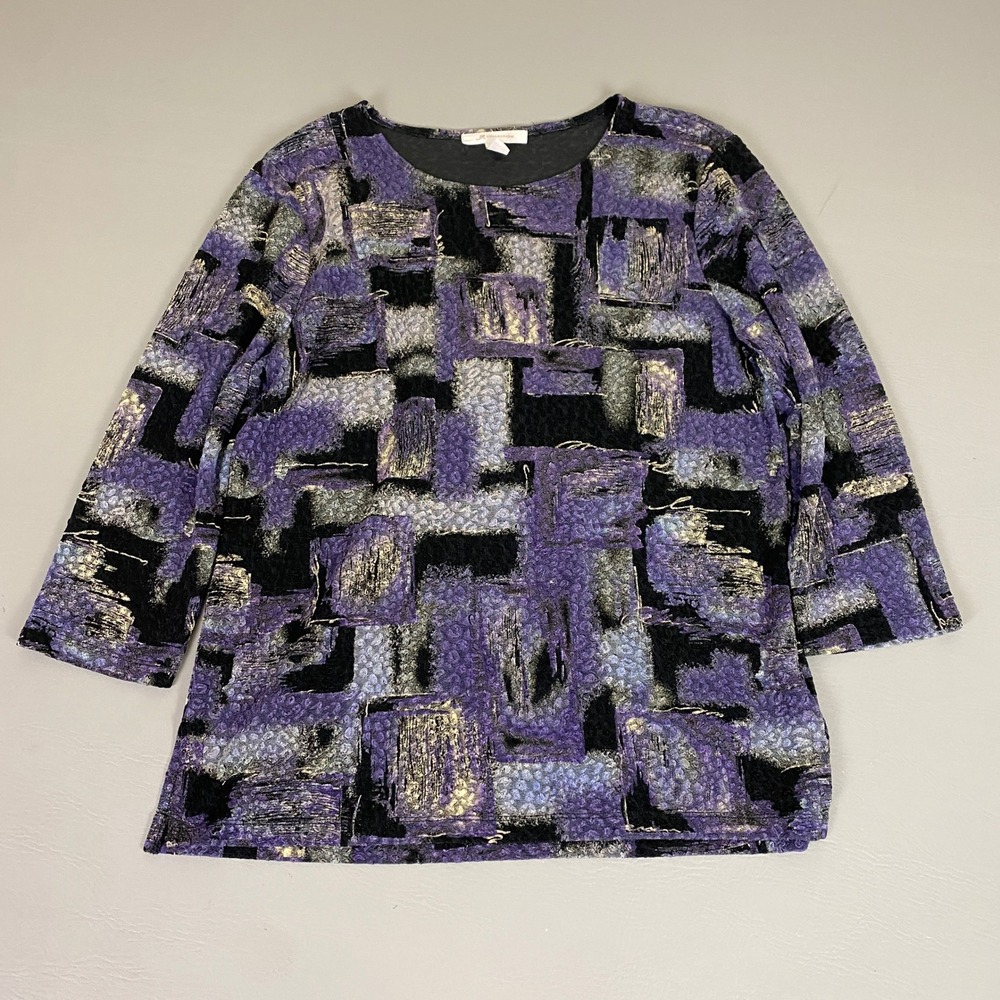 JM Collection Blouse Top Women's Large Abstract 3/4 Sleeve Purple Black Gold